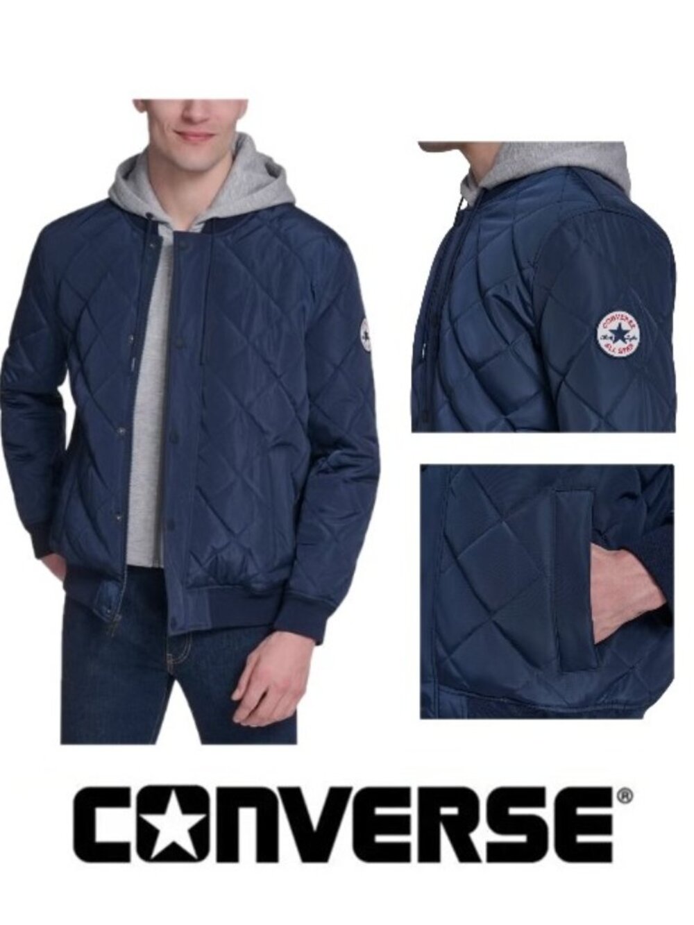 NWT Converse Men's Hooded Bomber Jacket, Navy